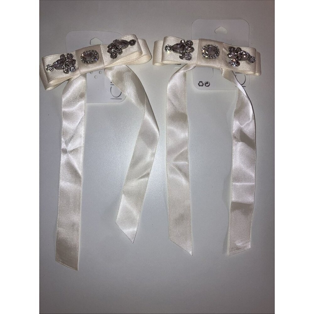 Icing 2 Piece Hair Ivory Rhinestone Studded Satin Long Tail Hair Bow Clip